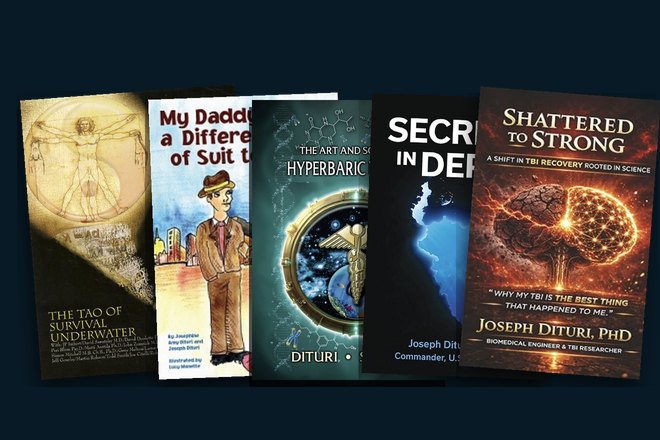 The five covers side by side: The Tao of Survival Underwater, My Daddy Wears a Different Kind of Suit to Work, The Art and Science of Hyperbaric Medicine, Secrets in Depth, and Shattered to Strong